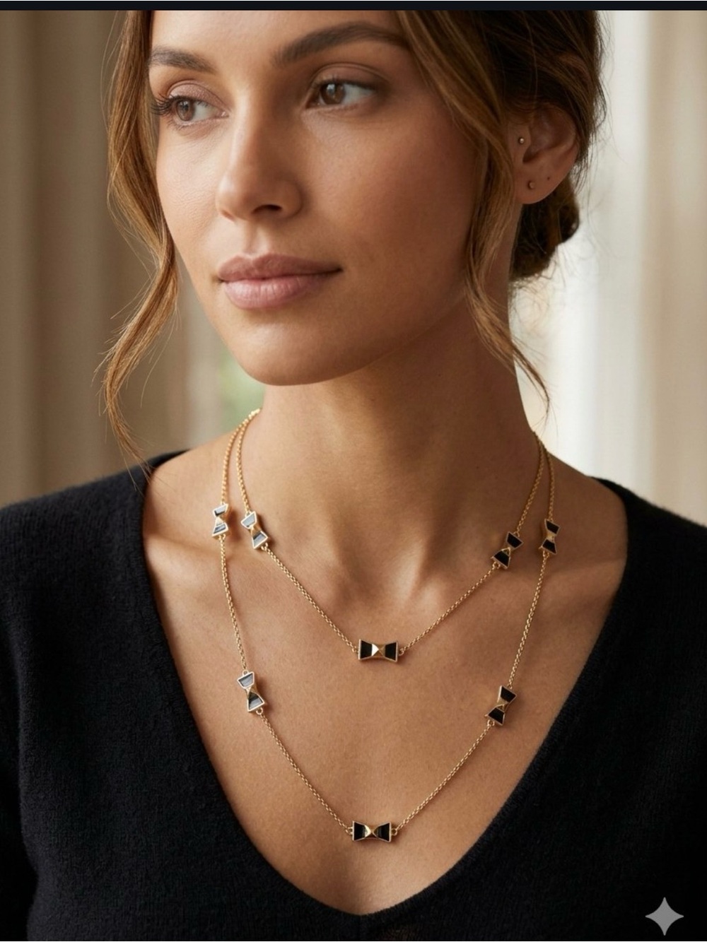 Kate Spade Black Tie Optional Bow Scatter Strand Long Necklace Gold Black - Picture 6 of 6